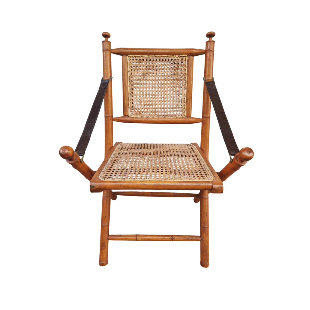 19th-Century Anglo-Indian Campaign Folding Chair in Faux Bamboo with Hand-Woven Cane — Colonial Era Elegance