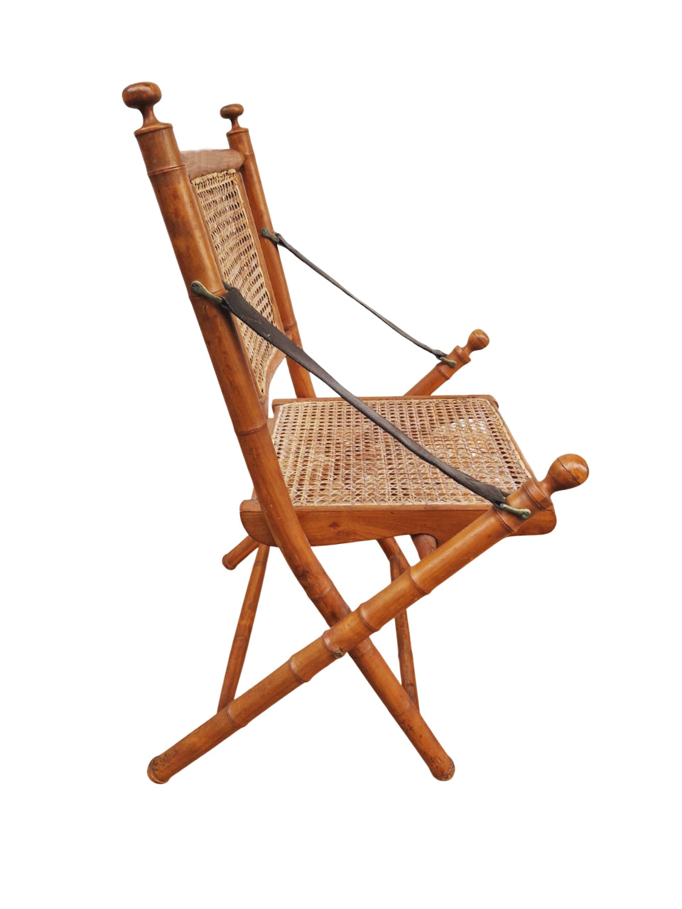 19th-Century Anglo-Indian Campaign Folding Chair in Faux Bamboo with Hand-Woven Cane — Colonial Era Elegance