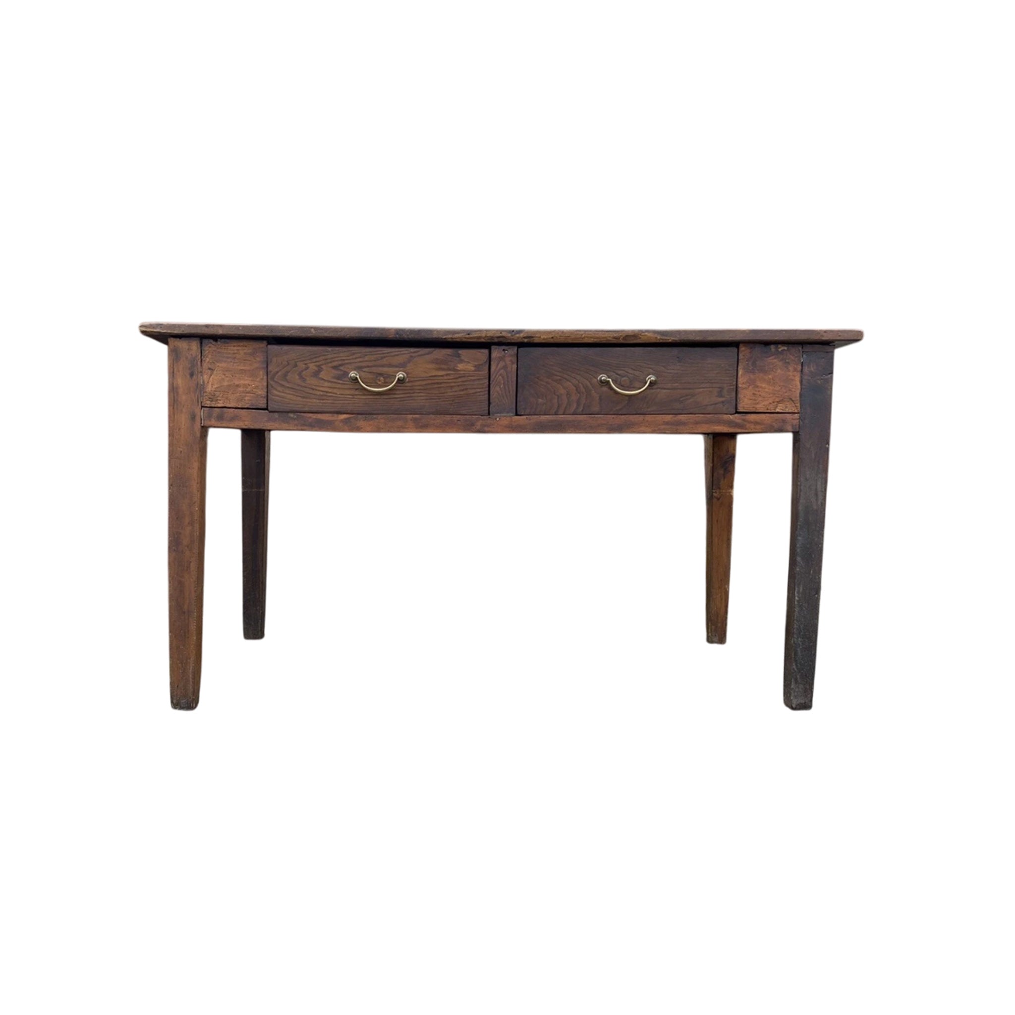 19th-Century French Provincial Farmhouse Table in Aged Walnut with Twin Drawers