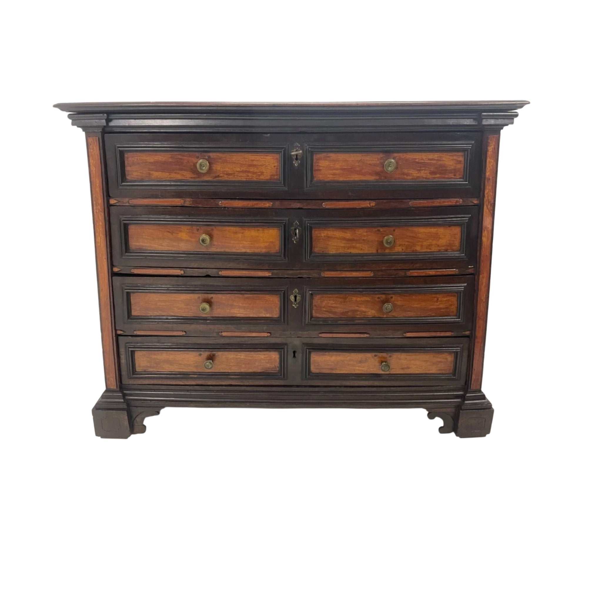 17th-18th century Italian Baroque chest of drawers in walnut and ebonized wood with original hardware