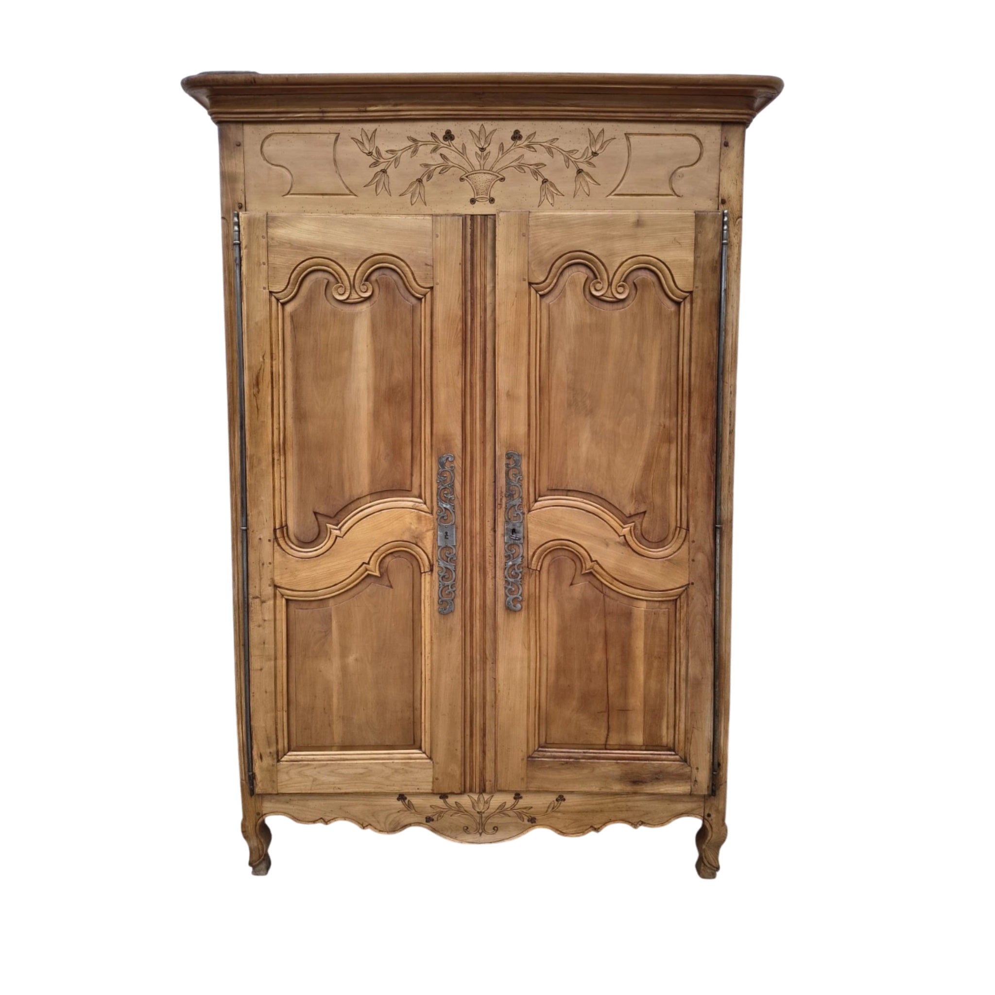 19th-Century French Provincial Armoire in Solid Fruitwood with Hand-Carved Floral Details (c. 1850–1880)