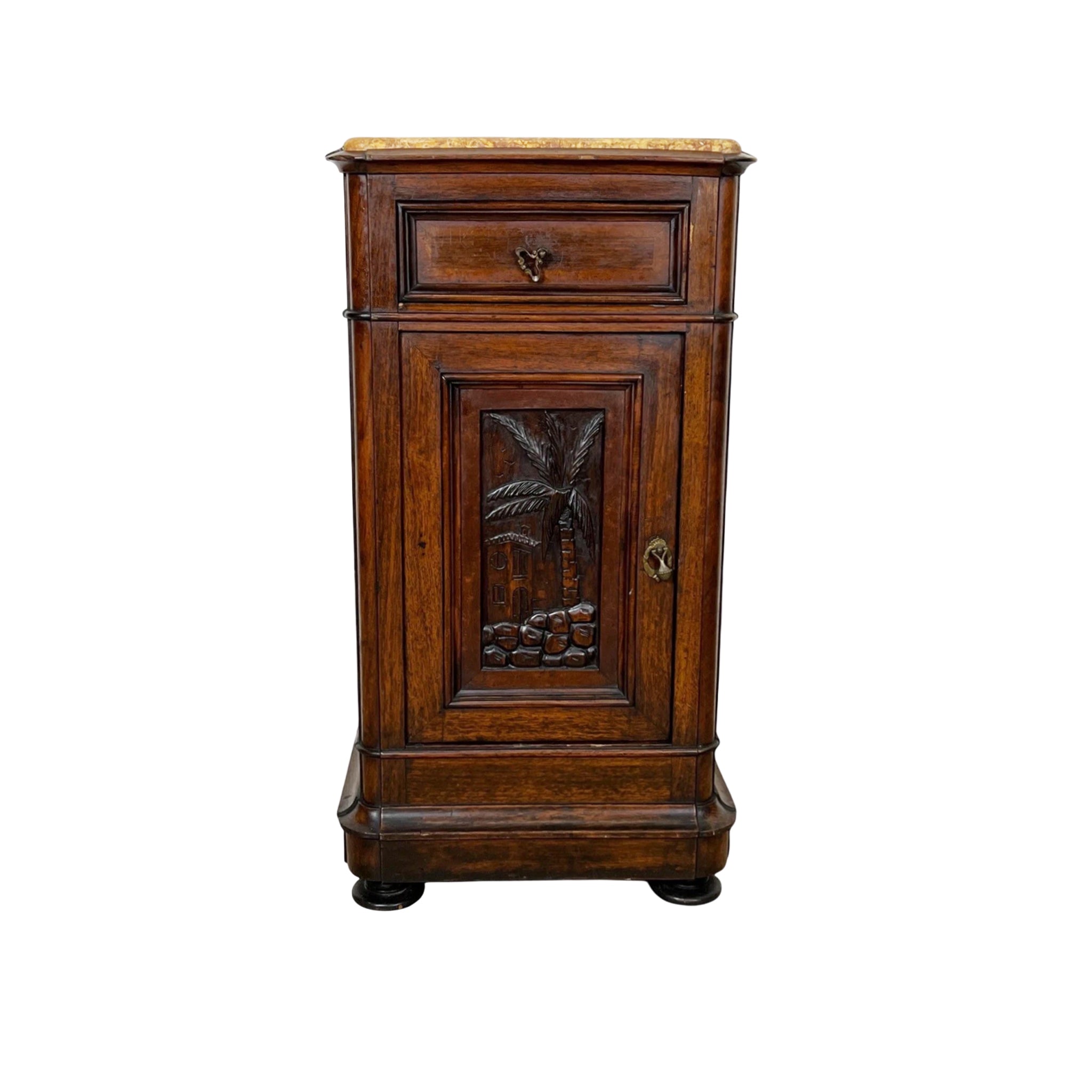 19th-Century French Provincial Carved Walnut Nightstand with Marble Top – Hand-Crafted Cabinet, Circa 1880