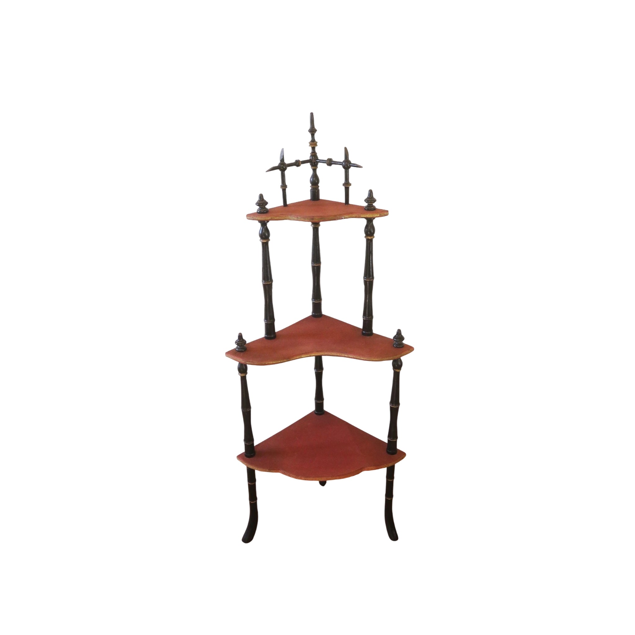 19th-Century Corner Étagère (1850–1900) with Ebonized Turned Columns and Three-Tier Serpentine Shelves
