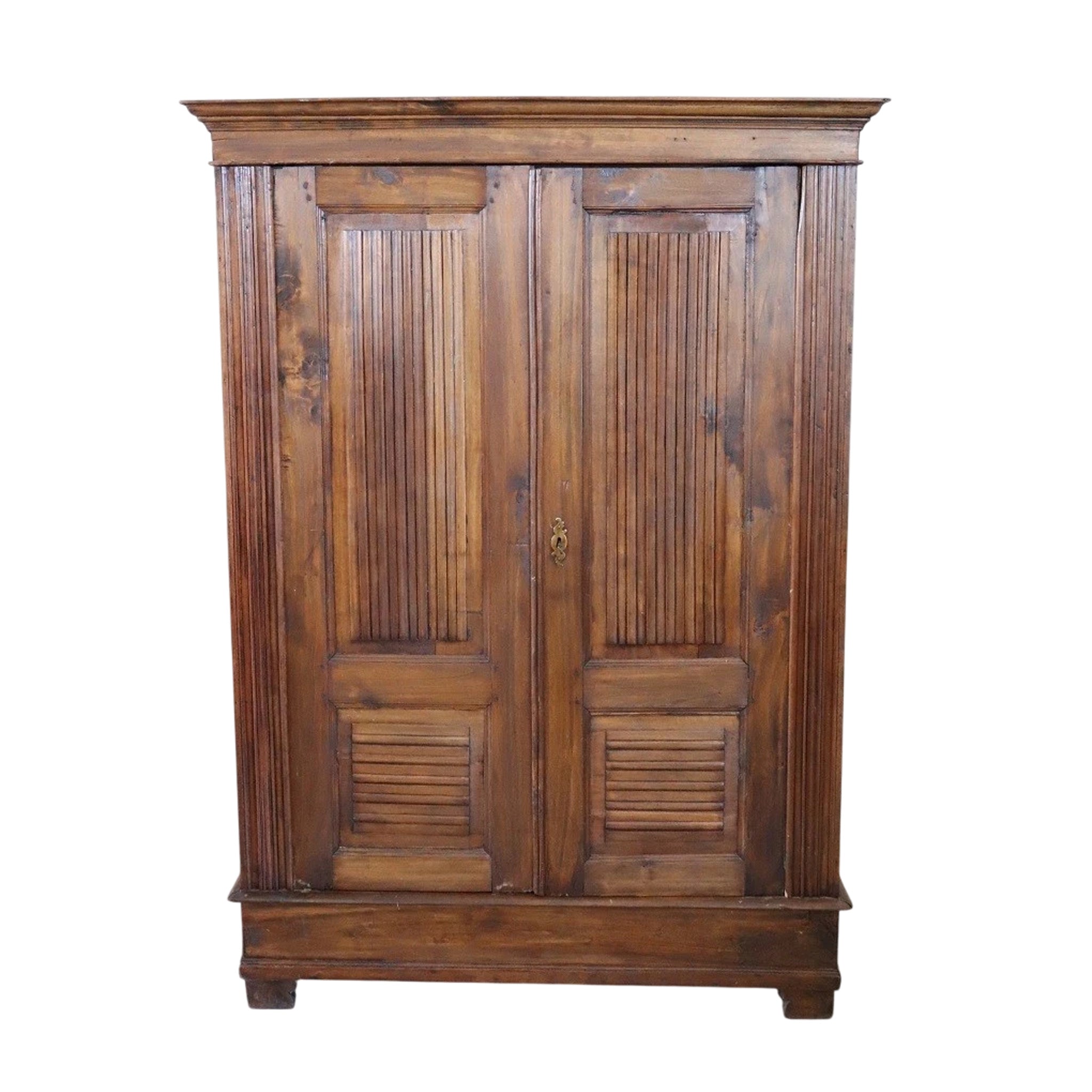 19th-Century Italian Rustic Provincial Pine Armoire – Hand-Carved Paneled Doors, Original Patina