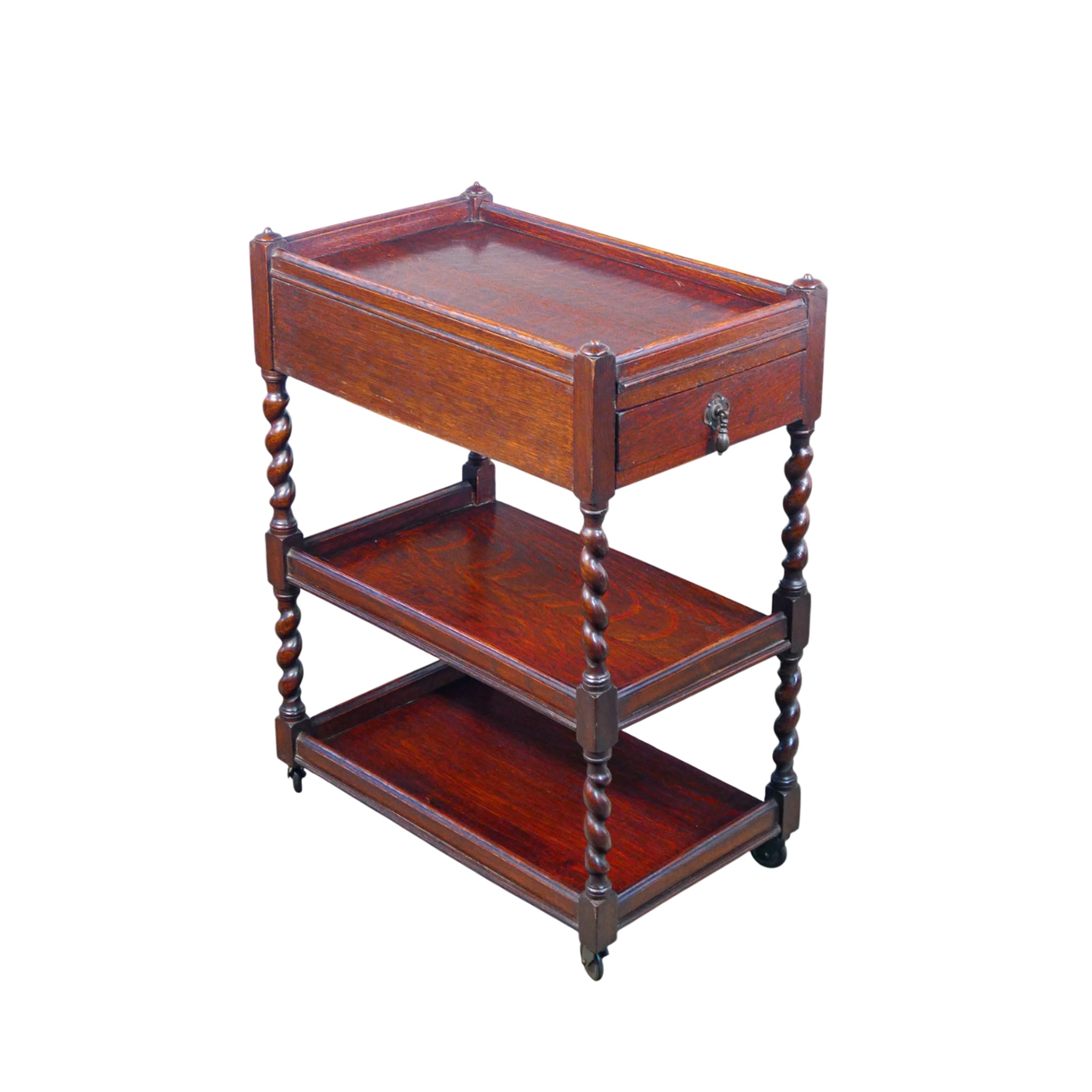 19th-Century English Barley Twist Oak Etagere with Drawer and Casters — Victorian Spool-Leg Serving Table