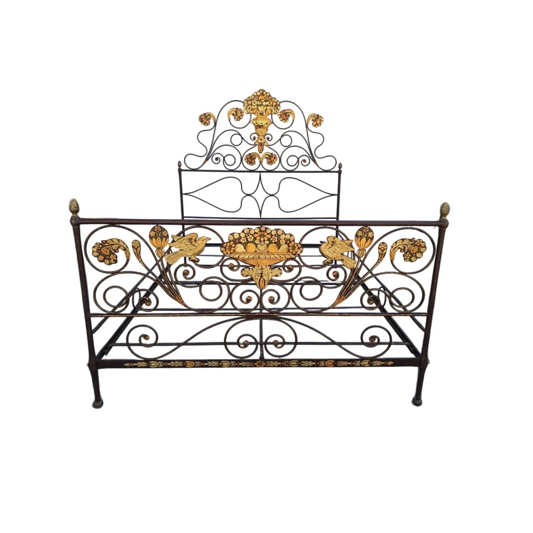 18th-Century Genovese Hand-Painted Iron Bed – Italian Antique with Floral and Bird Motifs (c. 1700s)