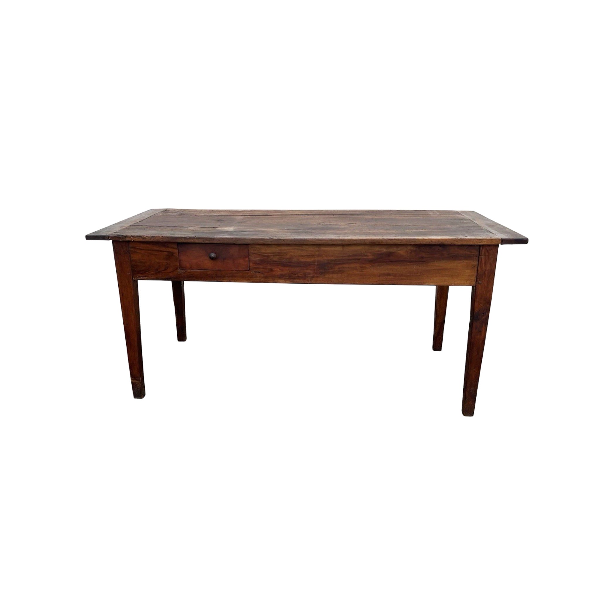 19th-Century French Farmhouse Dining Table in Solid Walnut with Single Drawer – Rustic Provincial Charm