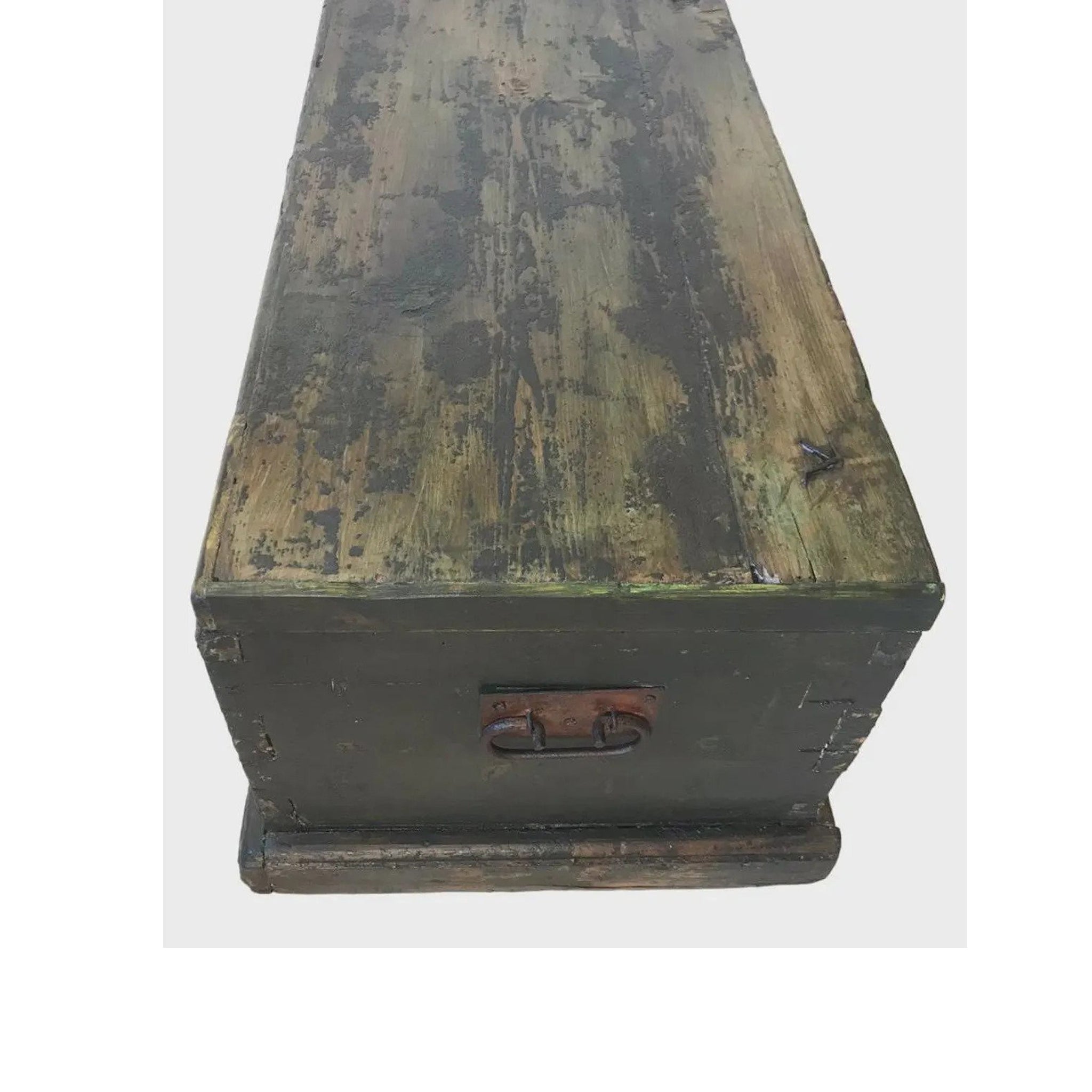 1850 Rustic Pine Trunk with Original Distressed Green Paint — Farmhouse Antique Chest