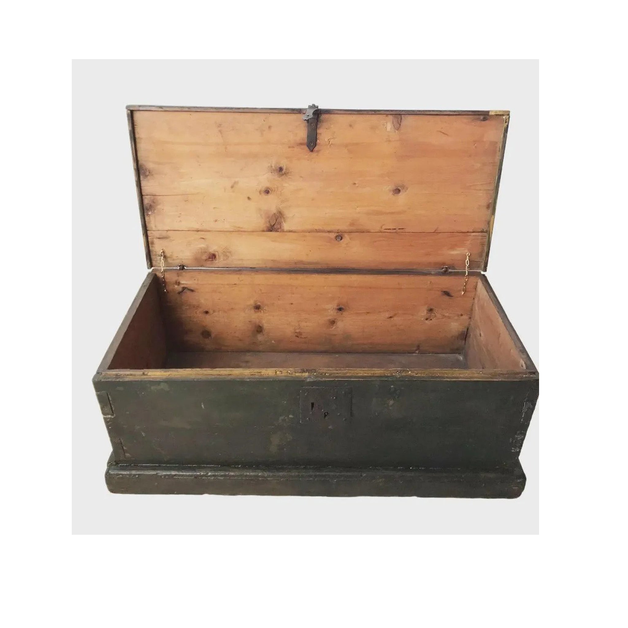 1850 Rustic Pine Trunk with Original Distressed Green Paint — Farmhouse Antique Chest