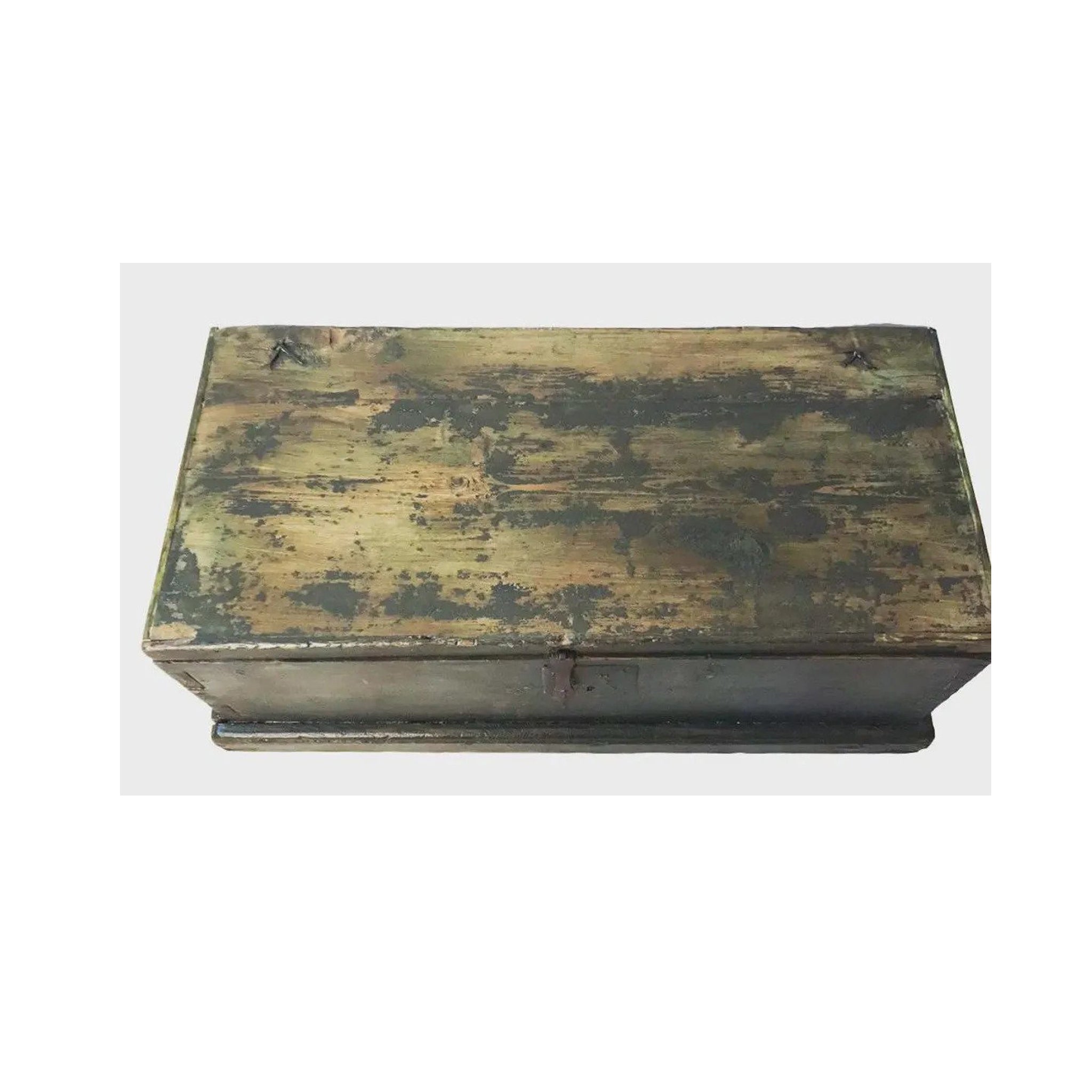 1850 Rustic Pine Trunk with Original Distressed Green Paint — Farmhouse Antique Chest