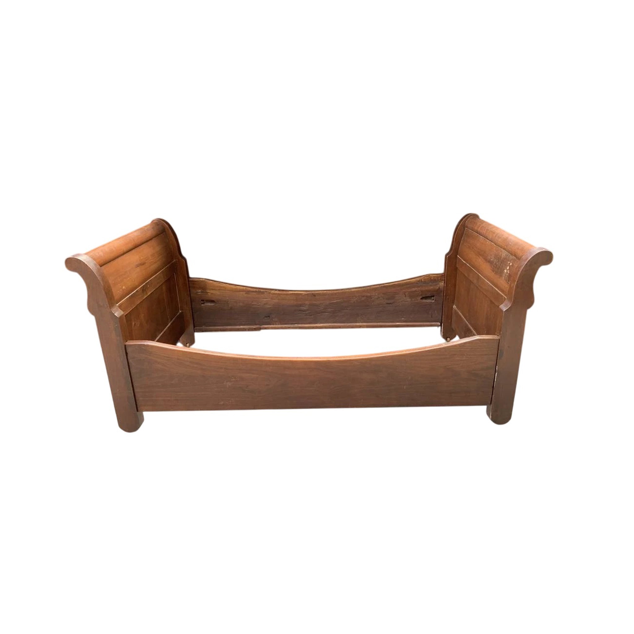 19th-Century Carlo X Walnut Sleigh Bed with Original Casters – Italian Antique (c. 1825–1835)