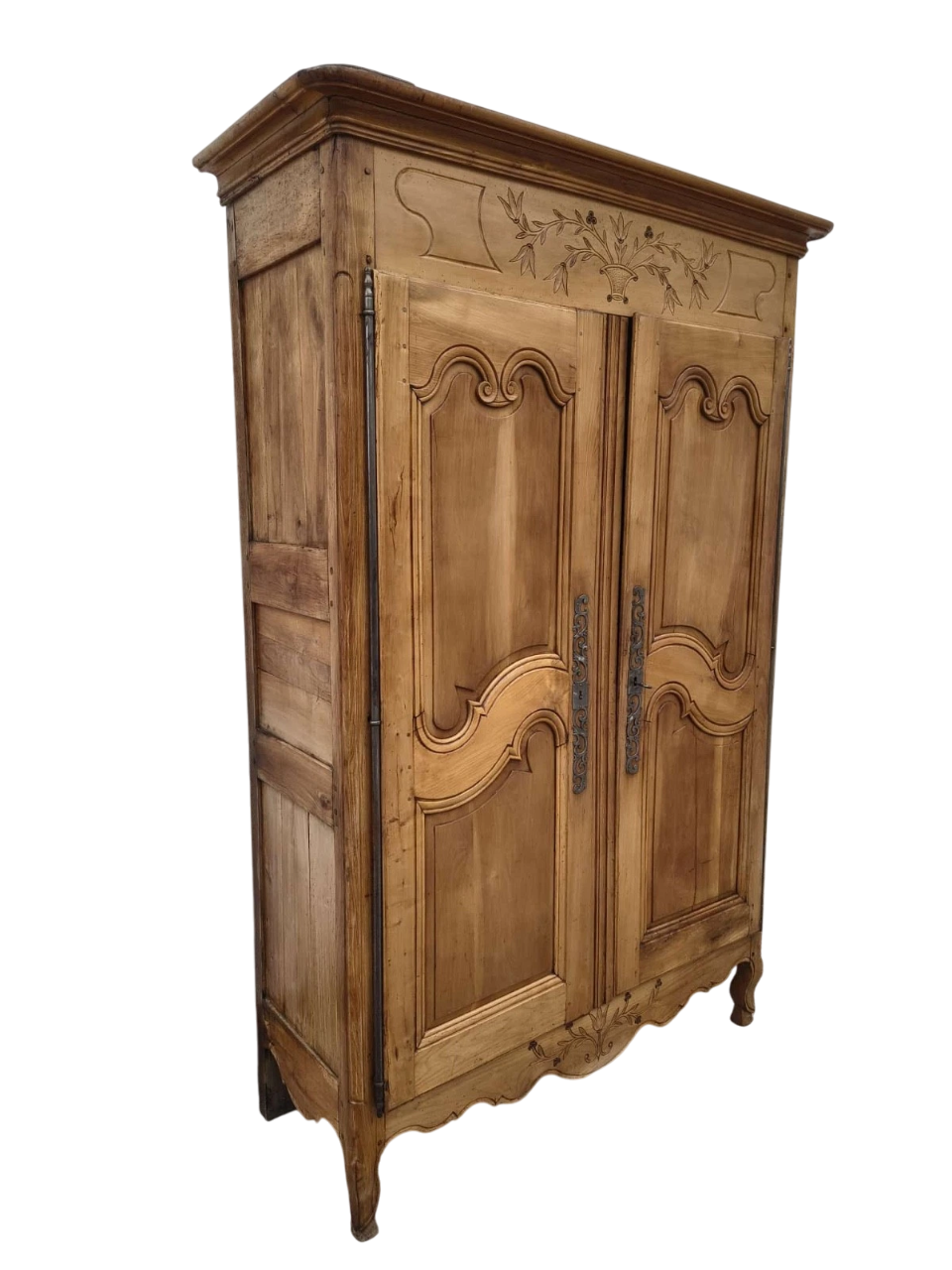 19th-Century French Provincial Armoire in Solid Fruitwood with Hand-Carved Floral Details (c. 1850–1880)