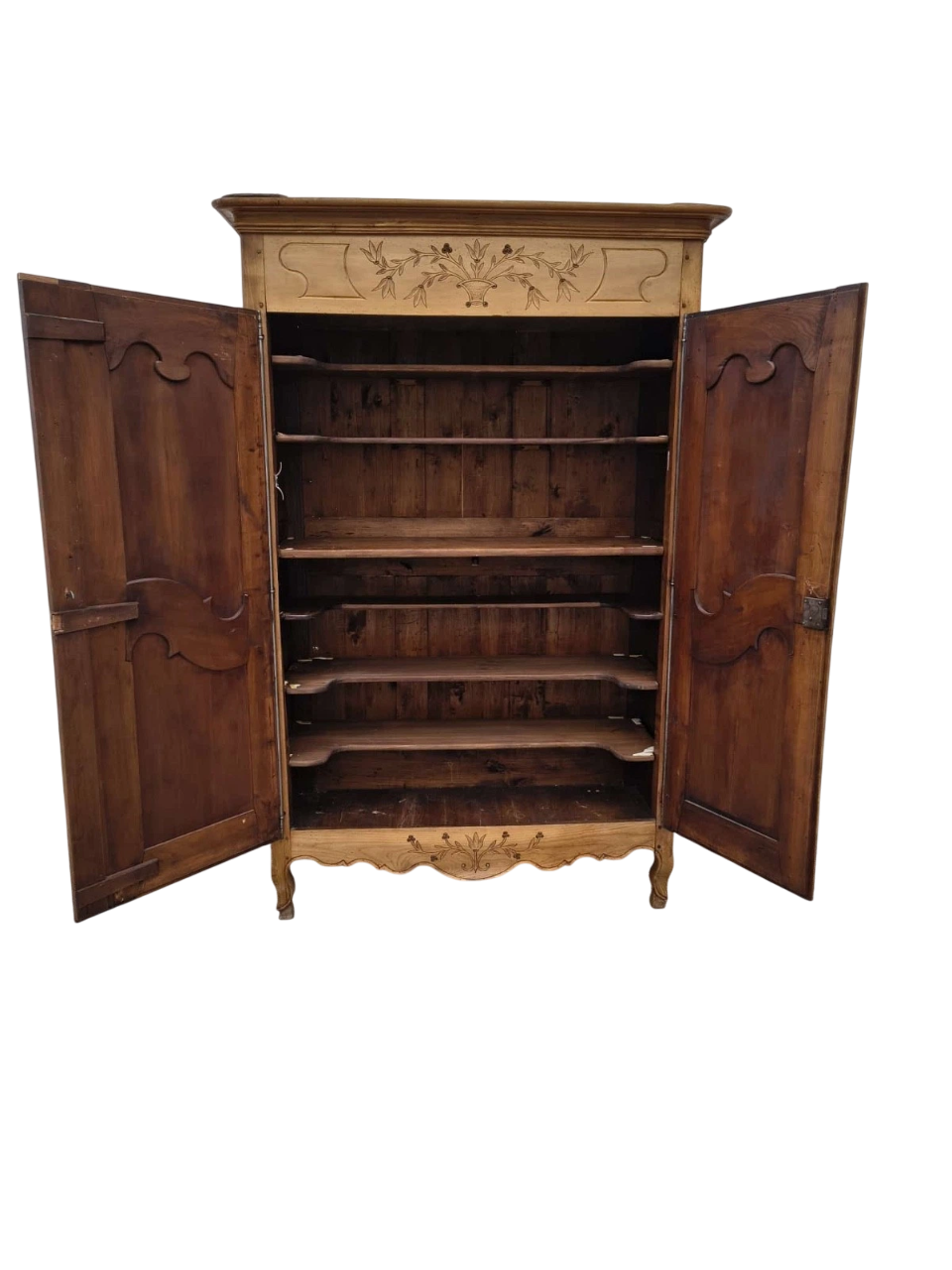 19th-Century French Provincial Armoire in Solid Fruitwood with Hand-Carved Floral Details (c. 1850–1880)