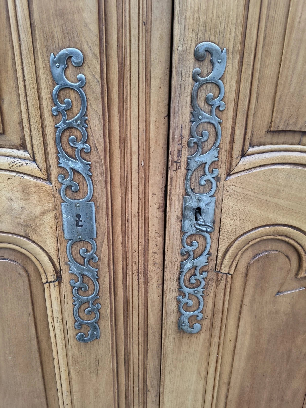 19th-Century French Provincial Armoire in Solid Fruitwood with Hand-Carved Floral Details (c. 1850–1880)