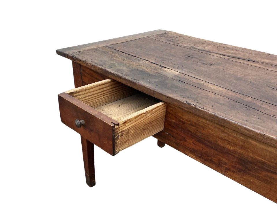 19th-Century French Farmhouse Dining Table in Solid Walnut with Single Drawer – Rustic Provincial Charm