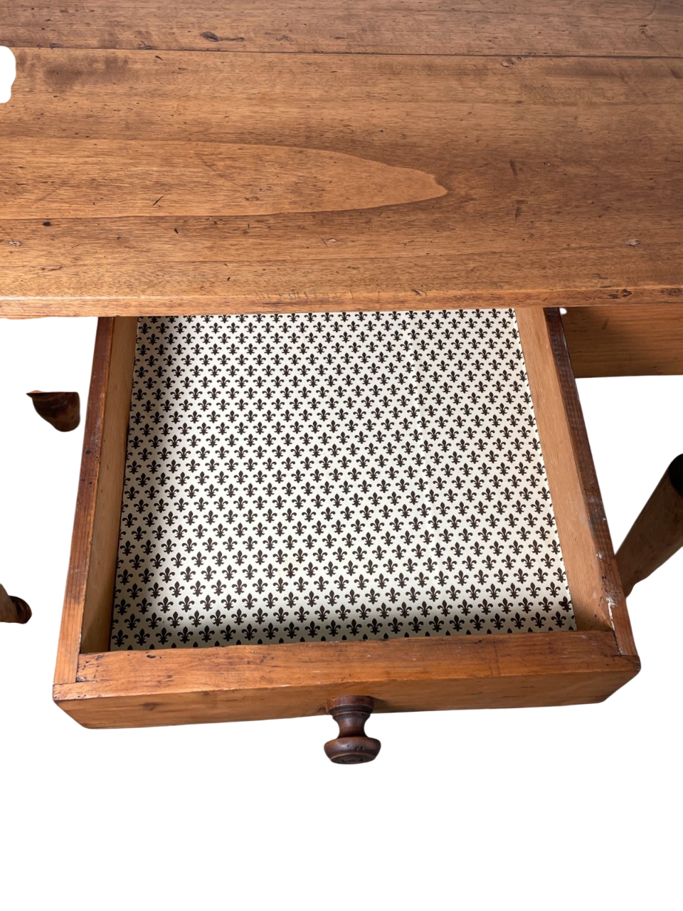 19th-Century French Provincial Farmhouse Table in Solid Cherry – Hand-Turned Legs & Single Drawer