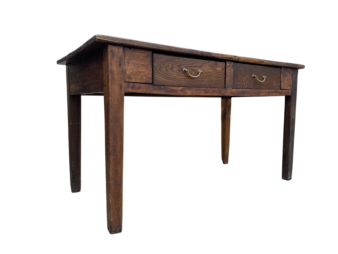 19th-Century French Provincial Farmhouse Table in Aged Walnut with Twin Drawers