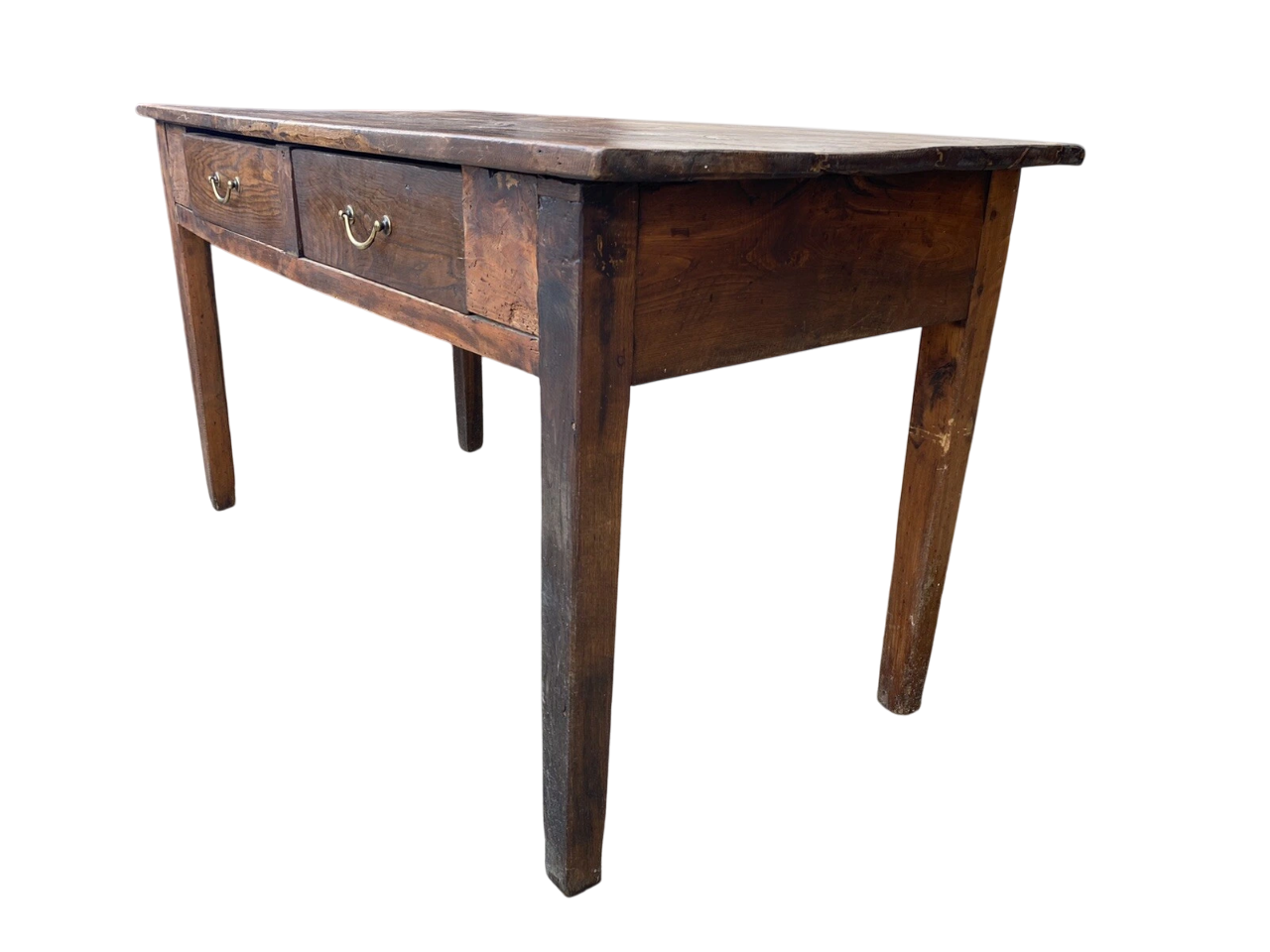 19th-Century French Provincial Farmhouse Table in Aged Walnut with Twin Drawers