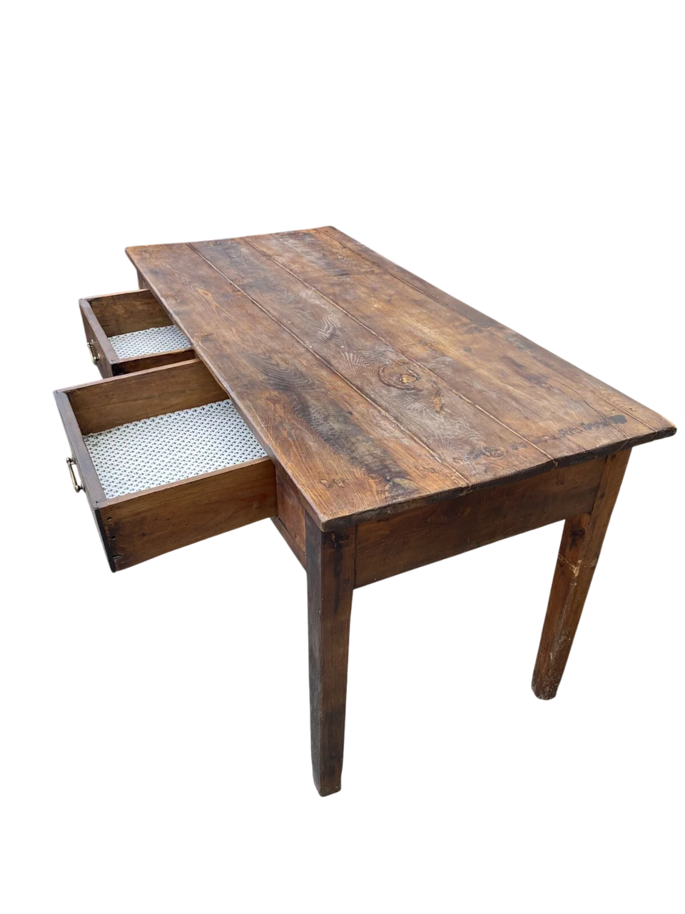 19th-Century French Provincial Farmhouse Table in Aged Walnut with Twin Drawers