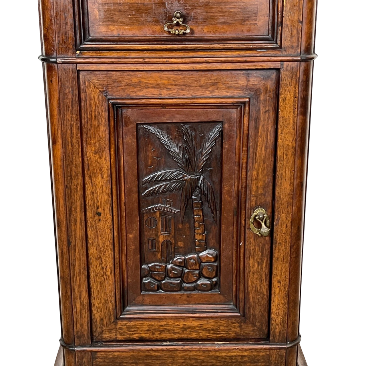 19th-Century French Provincial Carved Walnut Nightstand with Marble Top – Hand-Crafted Cabinet, Circa 1880
