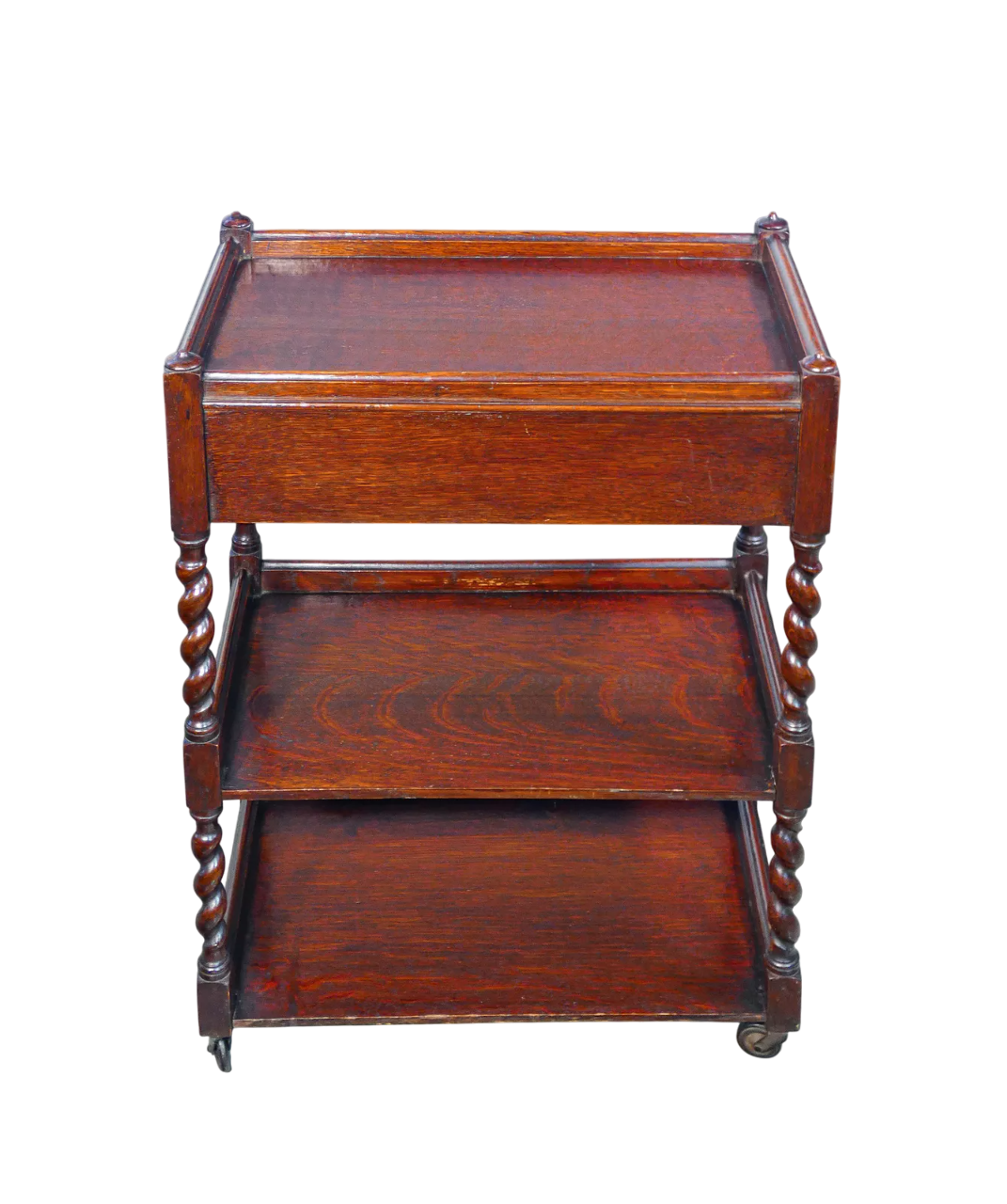 19th-Century English Barley Twist Oak Etagere with Drawer and Casters — Victorian Spool-Leg Serving Table