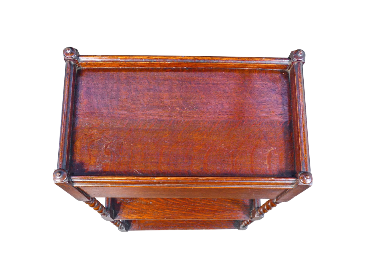 19th-Century English Barley Twist Oak Etagere with Drawer and Casters — Victorian Spool-Leg Serving Table