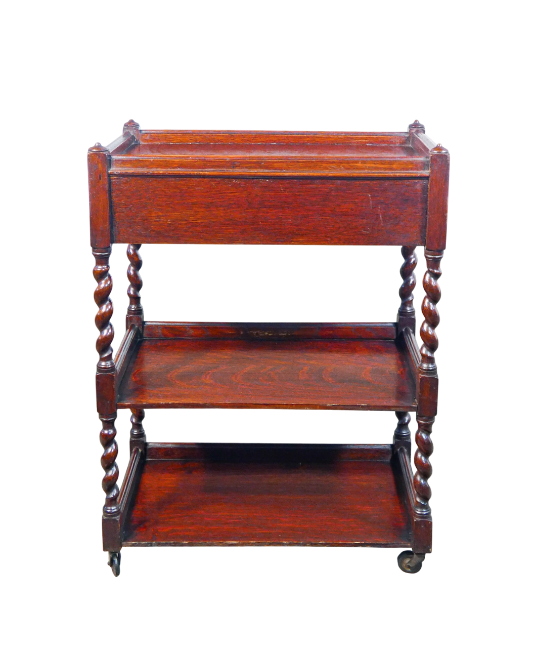 19th-Century English Barley Twist Oak Etagere with Drawer and Casters — Victorian Spool-Leg Serving Table