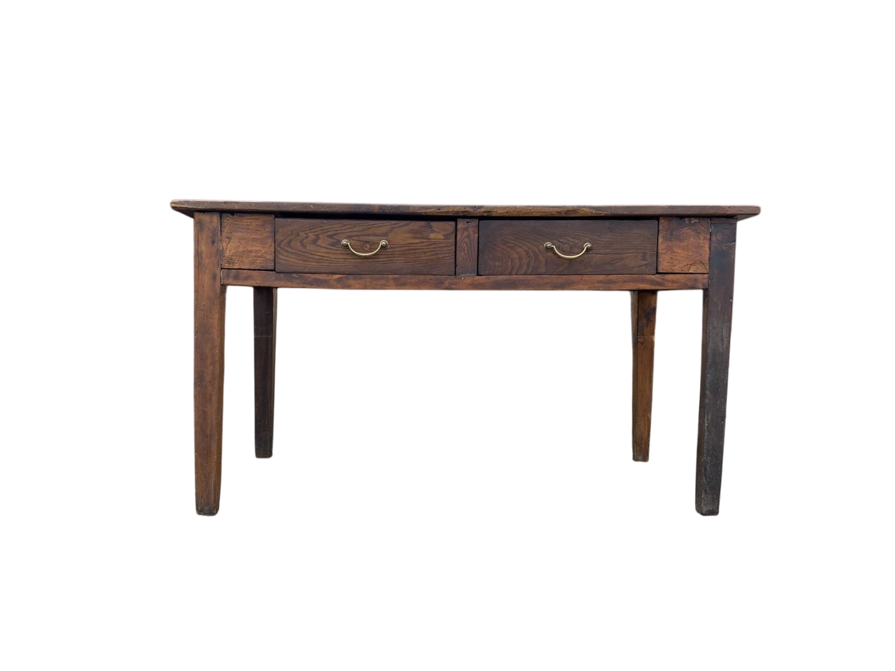 19th-Century French Provincial Farmhouse Table in Aged Walnut with Twin Drawers