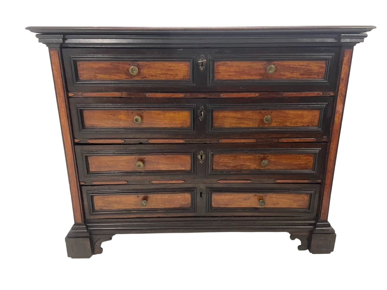 17th-18th century Italian Baroque chest of drawers in walnut and ebonized wood with original hardware