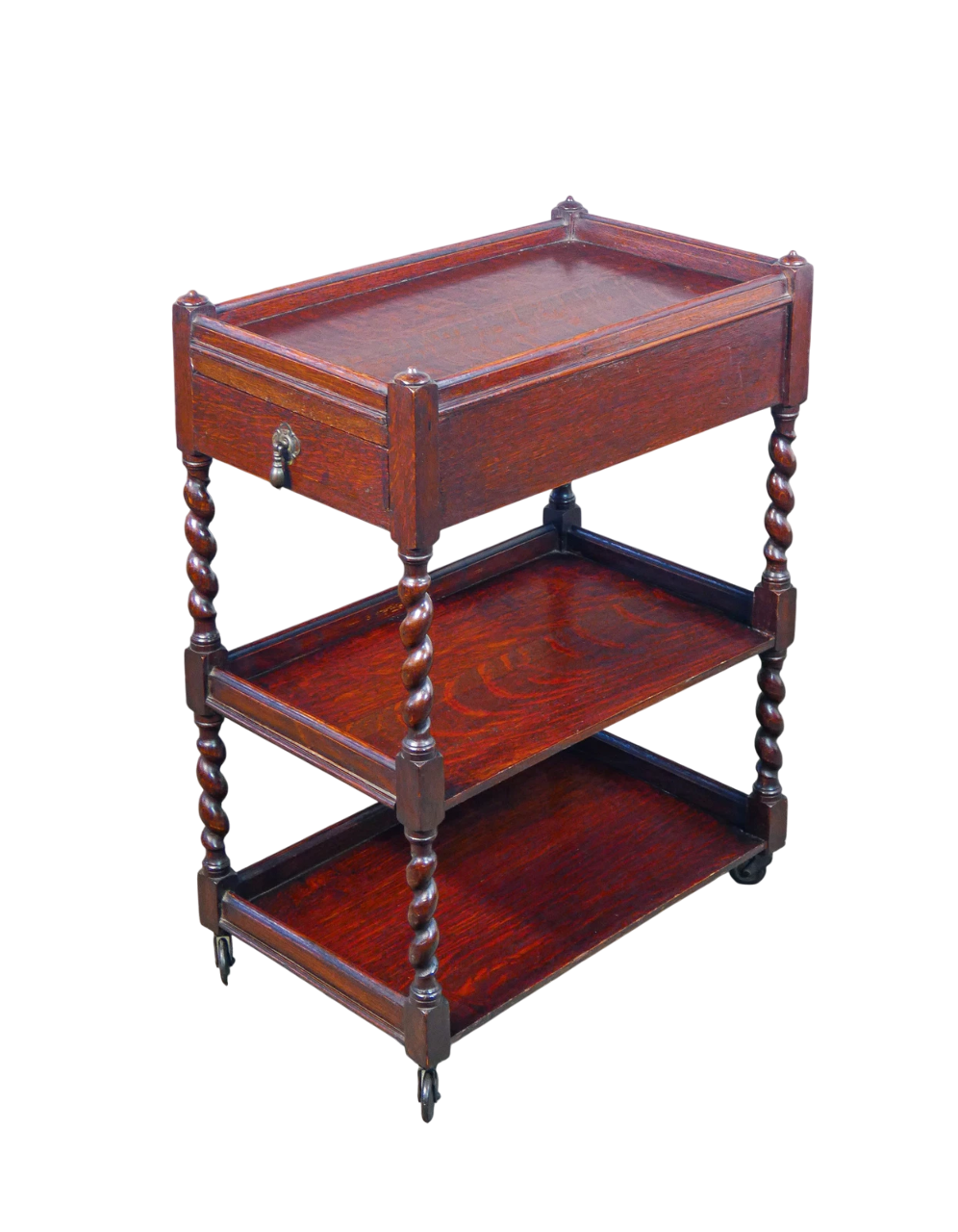 19th-Century English Barley Twist Oak Etagere with Drawer and Casters — Victorian Spool-Leg Serving Table