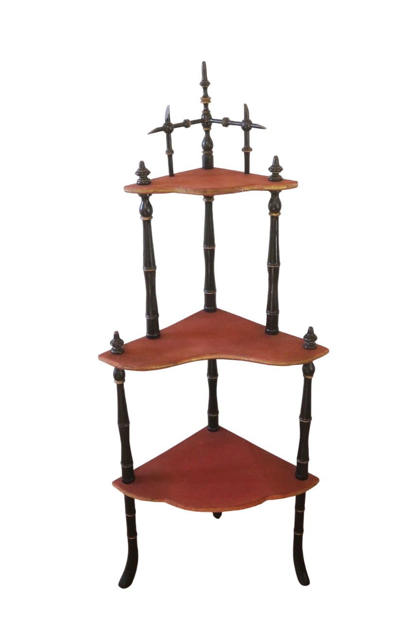 19th-Century Corner Étagère (1850–1900) with Ebonized Turned Columns and Three-Tier Serpentine Shelves