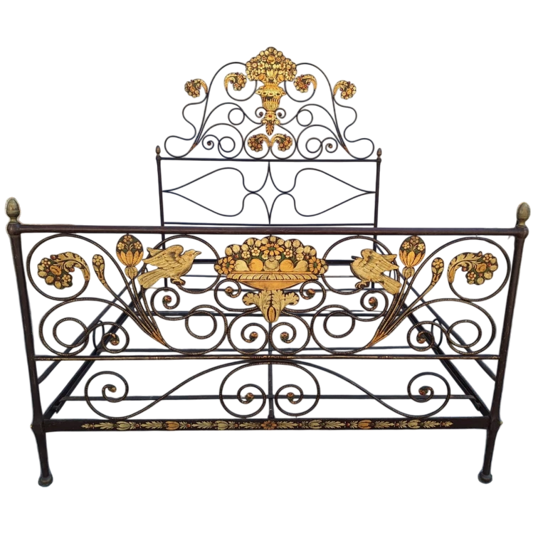 18th-Century Genovese Hand-Painted Iron Bed – Italian Antique with Floral and Bird Motifs (c. 1700s)