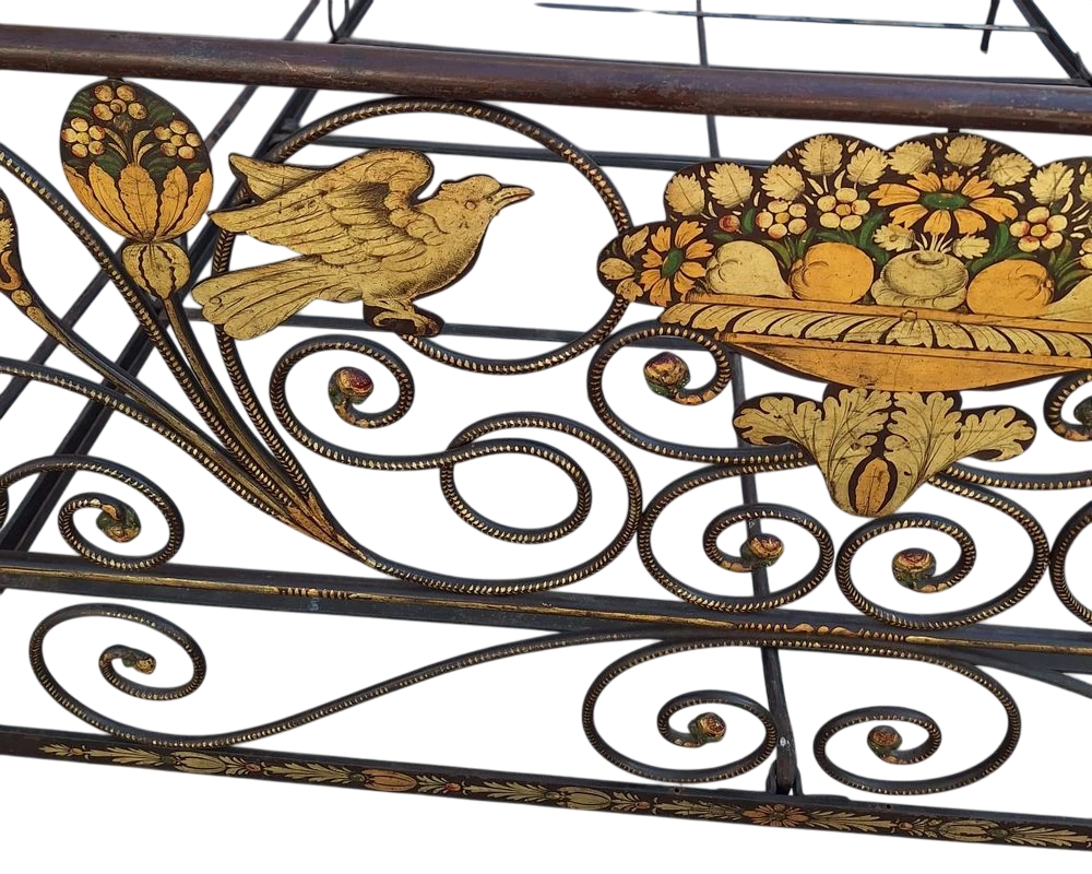 18th-Century Genovese Hand-Painted Iron Bed – Italian Antique with Floral and Bird Motifs (c. 1700s)