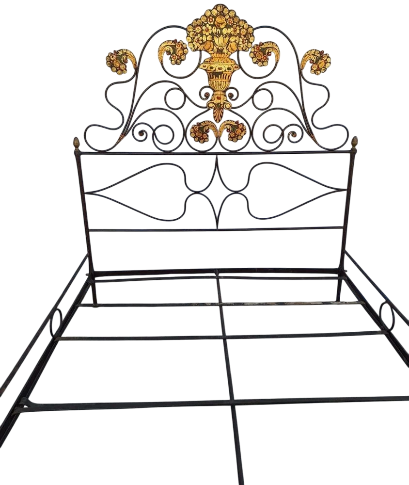 18th-Century Genovese Hand-Painted Iron Bed – Italian Antique with Floral and Bird Motifs (c. 1700s)