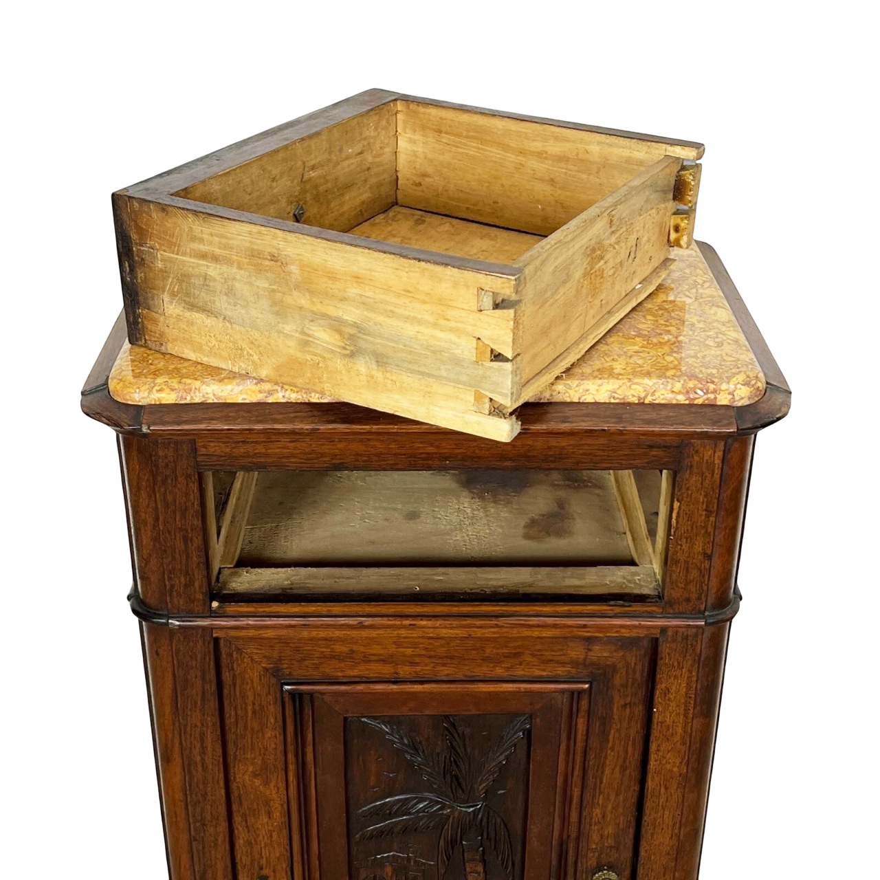 19th-Century French Provincial Carved Walnut Nightstand with Marble Top – Hand-Crafted Cabinet, Circa 1880